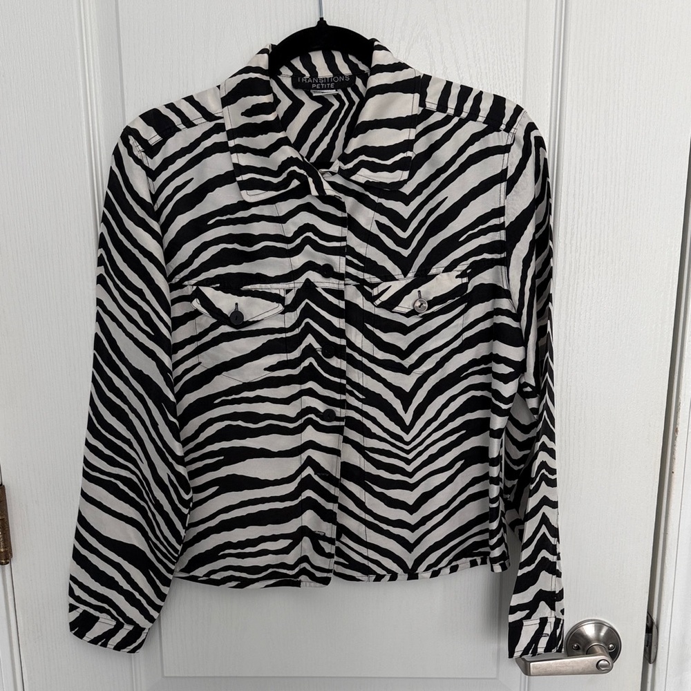 Stylish Zebra Print 100% Silk Button-Up Blouse